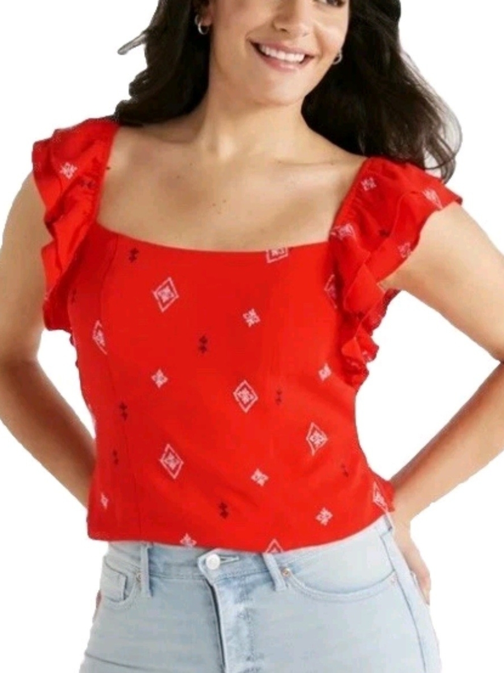 Sofia Vergara Jeans Women's Double Ruffle Embroidered Top Sz M Aztec Vacation